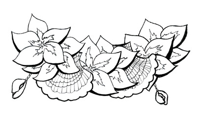 A lush Hawaiian necklace with tropical flowers, fan shells and sacred cowries. Floral coloring book for a summer holiday atmosphere. Isolated digital image for greeting cards or wedding invitations.