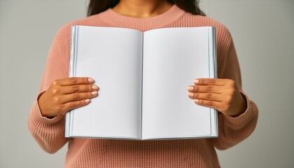 elegantly manicured female hands cradling a blank magazine on a sleek gray background, offering a versatile design template. The hands exude sophistication and attention empty book