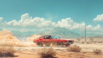 Obraz premium Car drives through the desert, raising dust. AI generation
