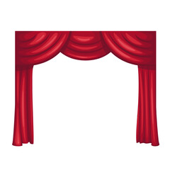 Open red curtain, cartoon theater drapery. Velvet or silk curtain for dramatic show and comedy performance on theatrical stage, movie premiere, cartoon theatre interior element vector illustration