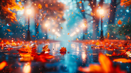 Soft Bokeh Lights Amid Autumn Leaves, A Magical and Festive Background, Blending Nature with Sparkling Light