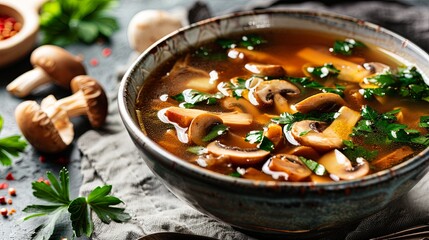 Mushroom soup with parsley and mushrooms in a bowl.