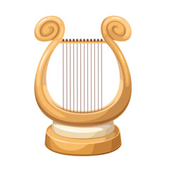 Old harp, cartoon string musical instrument and antique. Golden lyre of ancient Greek muse, harp from symphony orchestra to play classical music, cartoon symbol of inspiration vector illustration