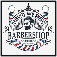 Barbershop logo, poster or banner design concept with barber pole and bearded men. Vector illustration