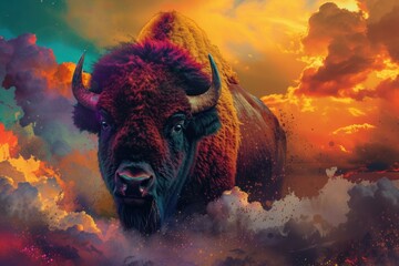 Colorful bison. Wild forest animal. Generate Ai