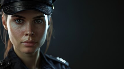 Fictional person Police man woman made with Ai generative technology serious face expression. Copy space for text.