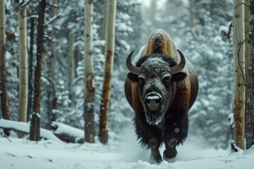 Bison snow forest. Nature mammal. Generate Ai
