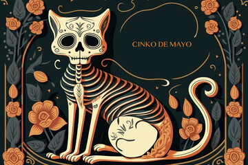  cute cat sugar skulls and flowers. Day of the Dead skull . Mexican dead Cat.Dia de los Muertos	