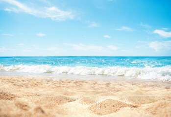 Beautiful blurred defocused beach background. Natural landscape with empty tropical beach.