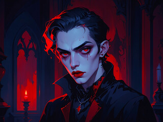 Illustration of a handsome male vampire who has red glowing eyes, AI Generative