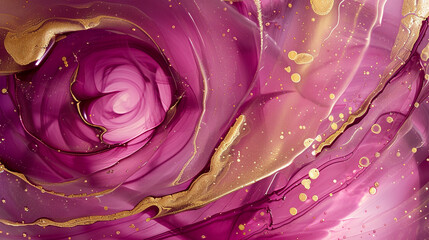 Swirling magenta and gold alcohol ink abstract with textured oil paint details.