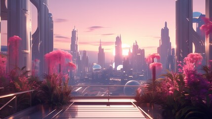 A futuristic pop landscape design featuring a sleek and minimalist cityscape with glowing pathways...