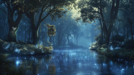Enchanted forest with bioluminescent plants and magical fauna, a serene river glowing under moonlight, ethereal beings flitting between ancient trees, atmospheric. fantasy concept.