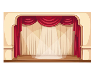 Theater stage with open red curtain, cartoon scene drape backdrop. Concert, grand show opening, movie or cinema premiere backstage, cartoon spotlight circle on empty wooden stage vector illustration