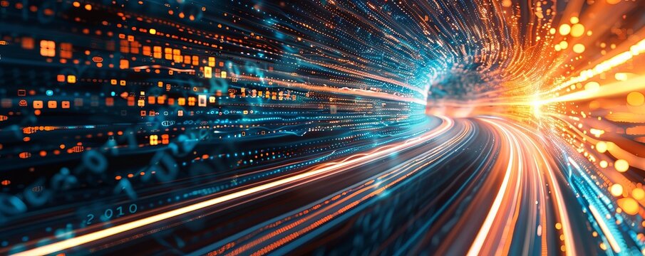 Abstract background of blue and orange light rays with a digital data stream in the center. The background shows streaks and lines moving fast in the style of digital technology