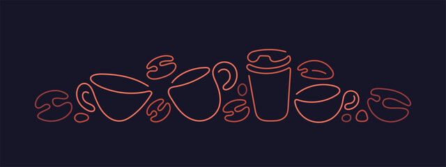 Coffee glass, mug, aroma beans. Line sketch border