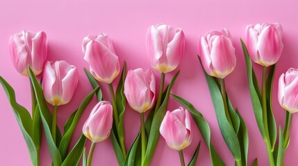 Fototapeta premium pink tulips on pink background, flat lay banner with copy space for text minimalistic