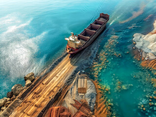 Obraz premium A large ship is traveling through a body of water with a rocky shoreline