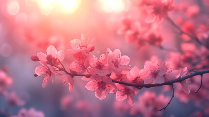A photographic approach to whispering blossoms, capturing the soft focus of floral silhouettes against a diffused pink sky at twilight.