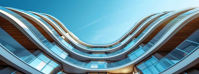 Reworked underside view of curvilinear balconies Modern architecture seen from low angle Hirise building exterior Modular architectural structure of multistory house Round geometri