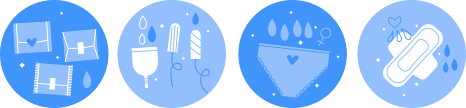 Woman menstruation cycle icons collection. Periods pad. Menstrual cup, tampon. Feminine, sanitary pad for critical days. Care of hygiene during menstruation. Blue color. Abstract vector illustration.