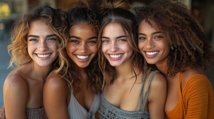 Company of multicultural friends, girl friends, women day, no to racism, different multiethnic friends smiling and laughing together