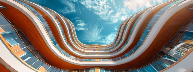 Reworked underside view of curvilinear balconies Modern architecture seen from low angle Hirise building exterior Modular architectural structure of multistory house Round geometri