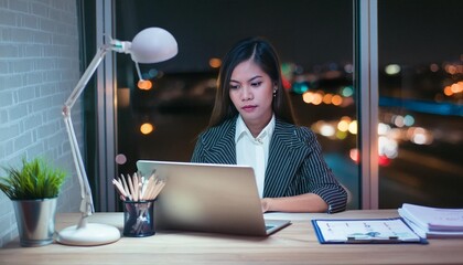 Employee working with notebook and computer at office; job, people woking overtime in dark room for new year concept