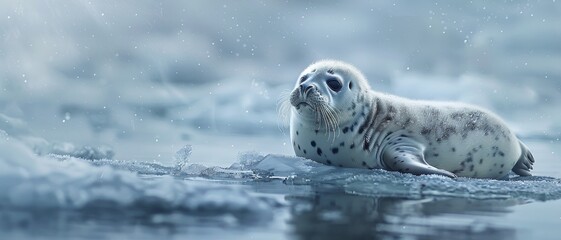 A cute seal pup resting on an ice floe in the Arctic.