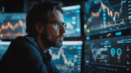 Fototapeta premium A male stock trader analyzes complex financial data displayed on multiple computer screens in a dimly lit room.