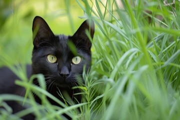 Black cat in grass. Domestic feline pet in outdoor green garden lawn. Generate ai
