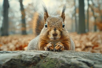 A squirrel is sitting on a rock in the forest - Powered by Adobe