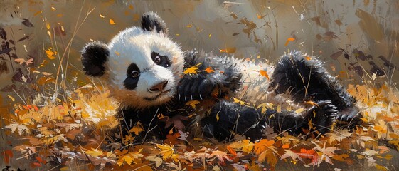 A panda is lying on the ground, surrounded by fallen leaves