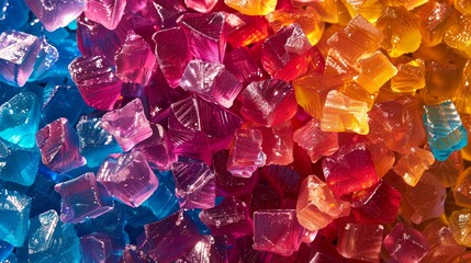 Colorful hard candies scattered across a table.