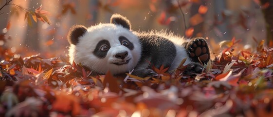Cute panda bear cub playing in the fall leaves.