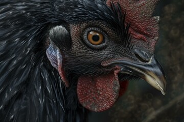 Black chicken head closeup. Domestic bird portrait. Generate Ai