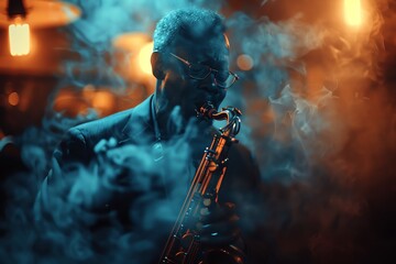 A jazz saxophonist playing in a dimly lit club, smoke swirling around, capturing the soulful essence of a latenight jazz session