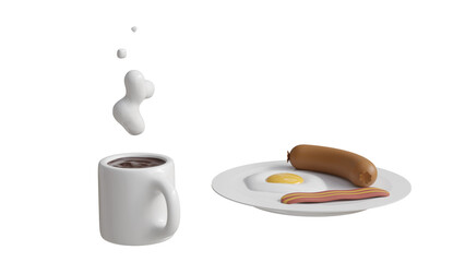 breakfast food 3d realistic render 3d render icon set. coffee, egg, sauce, fork, knife, plate