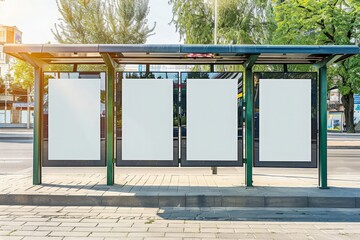 Three blank billboards await creative ads at a bus shelter on a sunny city street.