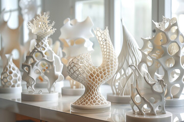 A collection of white sculptures, including a tall one, are displayed on a table