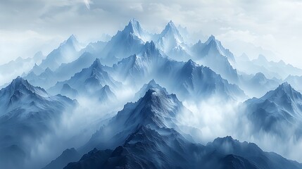 A photorealistic view of towering mountains shrouded in mist, with the peaks appearing as silhouettes in a spectrum of grays against a soft sky.