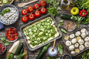 A colorful array of various foods spread across a table, showcasing a chaotic yet inviting display...