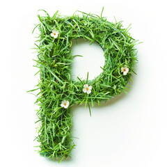 Green organic grass with tiny flowers made letter P on white clean background. Environment concept. Generative AI