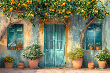An old house facade with wooden door, windows, potted plants and orange tree above it.
