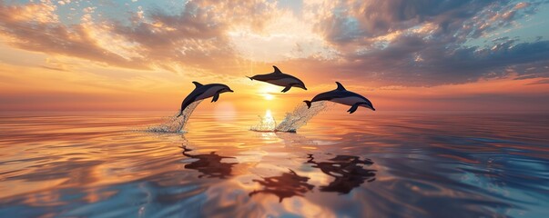 summer background with dolphins jumping out of the water
