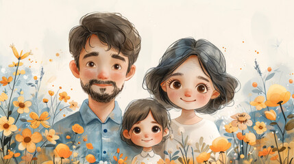 Happy family, illustration of mother, father and child hugging and joyful.