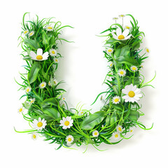 Green organic grass with tiny flowers made letter U on white clean background. Environment concept. Generative AI