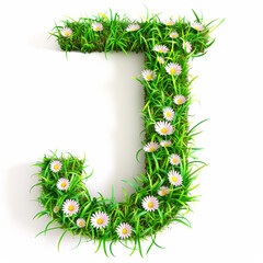 Green organic grass with tiny flowers made letter J on white clean background. Environment concept. Generative AI
