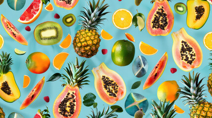Fresh fruits assorted fruits on a blue background, banner.