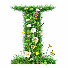 Green organic grass with tiny flowers made letter I on white clean background. Environment concept. Generative AI
